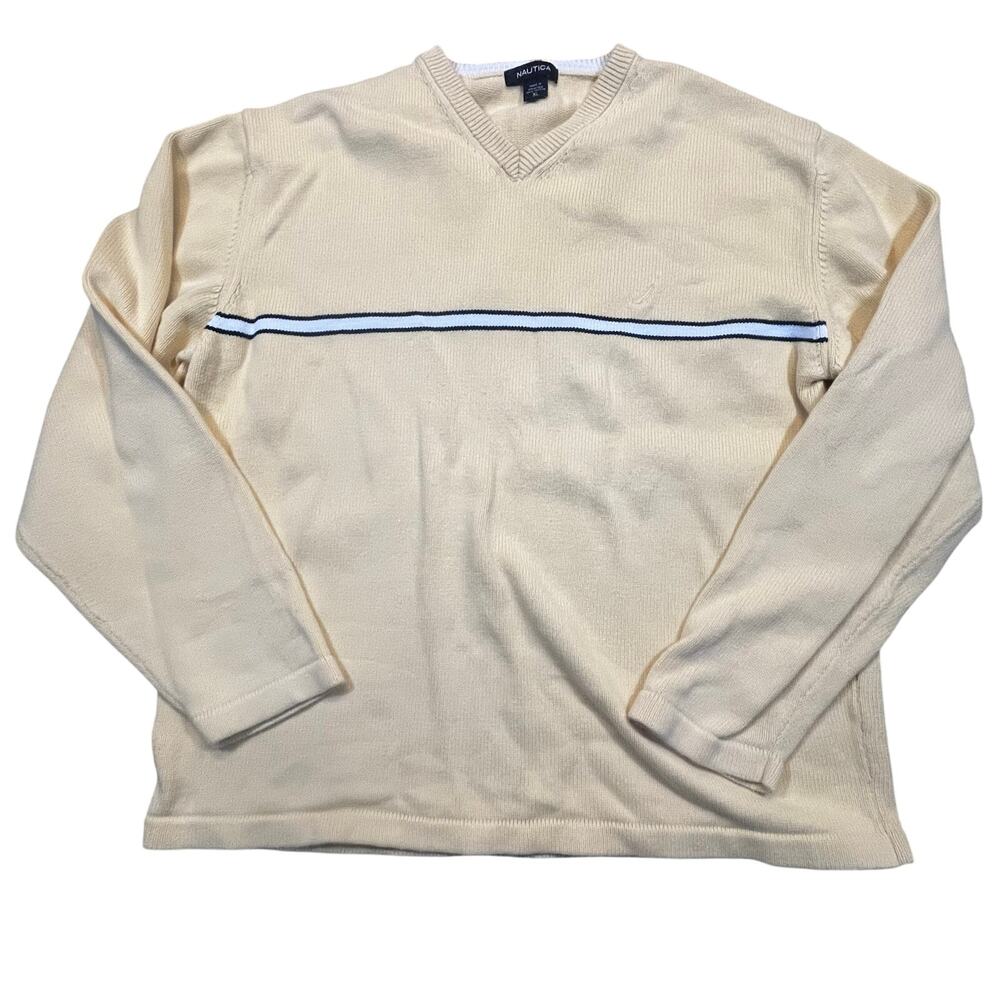Nautica Men XL Yellow V Neck Cotton Sweater‎ Pullover Classic Stripe Preppy Y2K